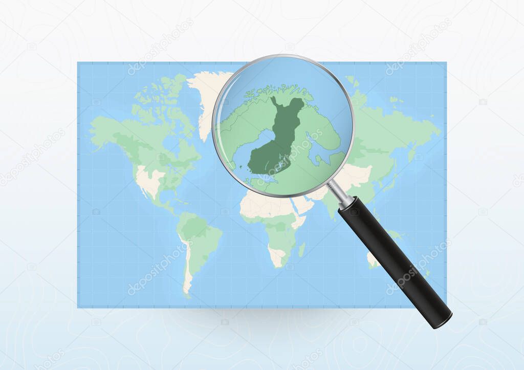 Map of the World with a magnifying glass aimed at Finland, searching Finland with loupe.