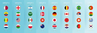 2022 dünya futbolu katılımcılarından oluşan altın çerçeveli daire şeklinde bir koleksiyon. Gruplara göre sıralanmış. Futbol bayrağı..