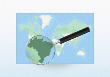 Brezilya 'ya yönelik bir büyüteçle Dünya haritası, loupe ile Brezilya' yı arıyor..