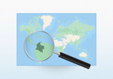 Kolombiya 'ya yönelik bir büyüteçle Dünya Haritası, Loupe ile Kolombiya' yı arıyor..