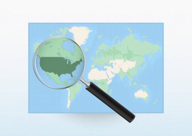 ABD 'ye yönelik bir büyüteçle Dünya haritası, loupe ile ABD' yi arıyor.