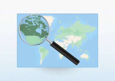 Kanada 'ya yönelik bir büyüteçle dünyanın haritası, loupe ile Kanada' yı arıyor.