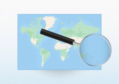 Nauru 'ya yönelik bir büyüteçle Dünya haritası, loupe ile Nauru' yu arıyor..