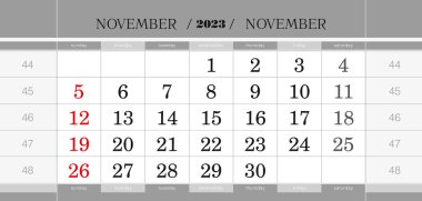 Kasım 2023 takvim bloğu. İngilizce duvar takvimi, hafta pazardan itibaren başlar.