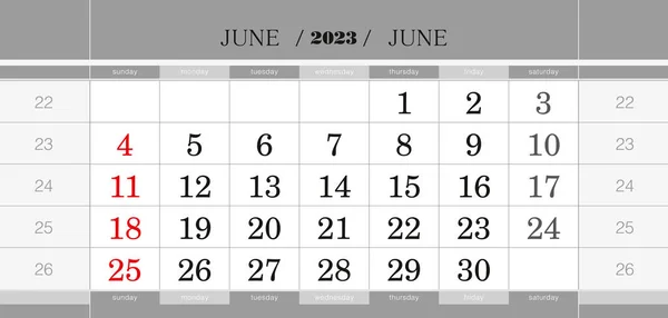 Червні 2023 Року Квартальний Календарний Блок Уельс Англійській Мові Починається — стоковий вектор