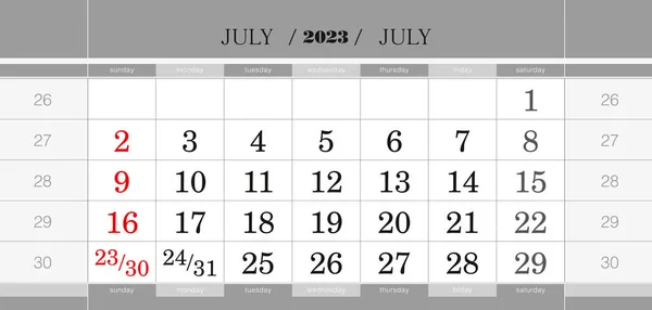Quartalskalenderblock Juli 2023 Wandkalender Englisch Die Woche Beginnt Sonntag — Stockvektor