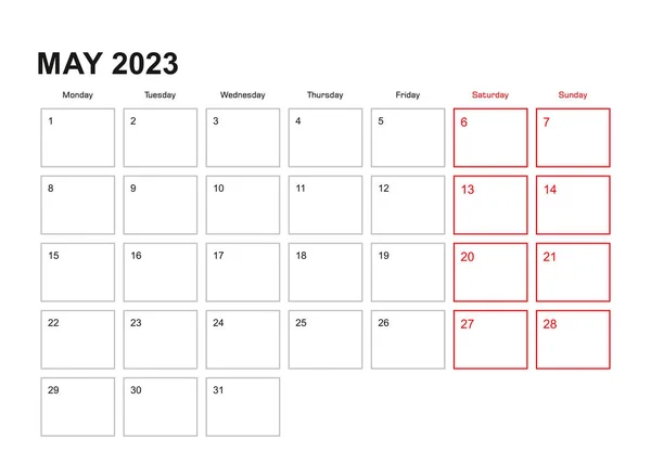 Wandplanner Voor Mei 2023 Het Engels Week Start Maandag — Stockvector