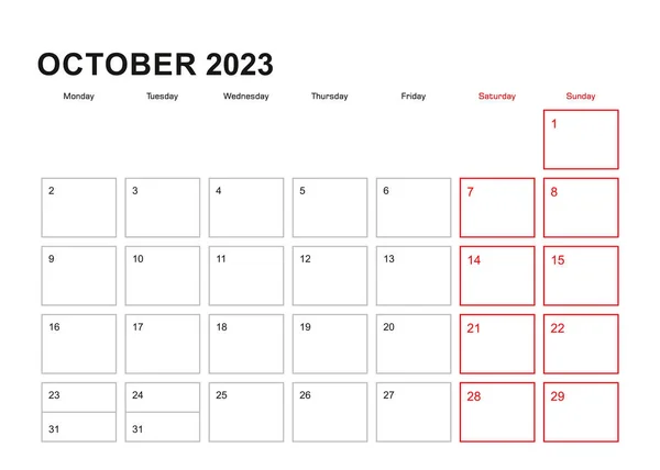Planejador Parede Para Outubro 2023 Língua Inglesa Semana Começa Segunda — Vetor de Stock