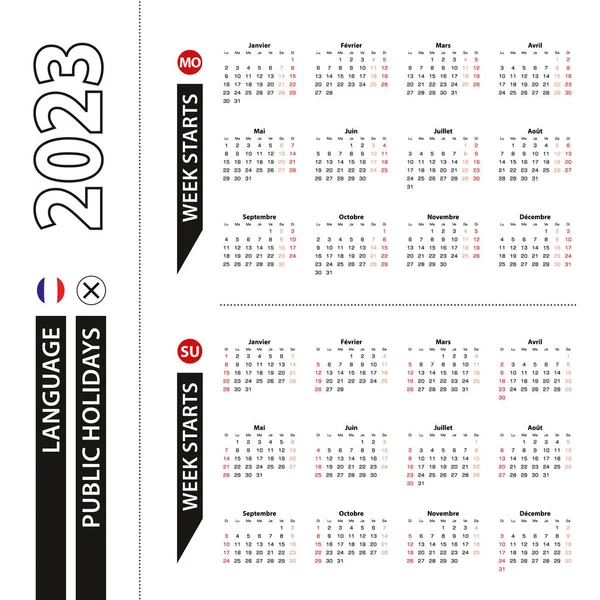 フランス語で2023年カレンダーの2つのバージョン 週は月曜日から始まり 週は日曜日から始まります — ストックベクタ