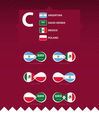 Futbol turnuvasının C grubu, bayraklar ve maç ikonu seti. Vektör koleksiyonu.