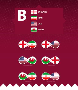 B grubu futbol turnuvası, bayraklar ve maç ikonu. Vektör koleksiyonu.