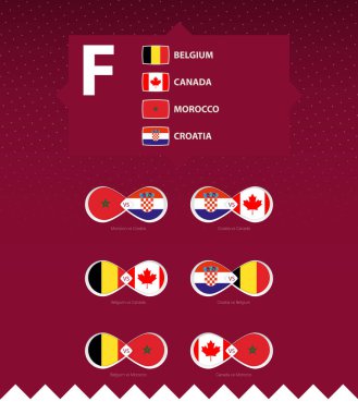 F grubu futbol turnuvası, bayraklar ve maç ikonu seti. Vektör koleksiyonu.