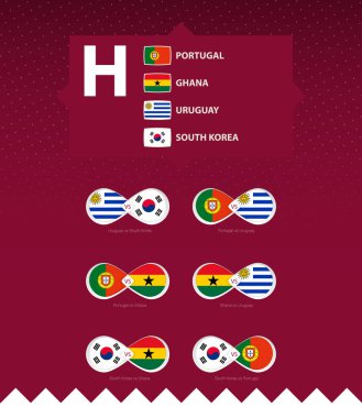 Futbol turnuvasının H Grubu, bayraklar ve maç ikonu seti. Vektör koleksiyonu.