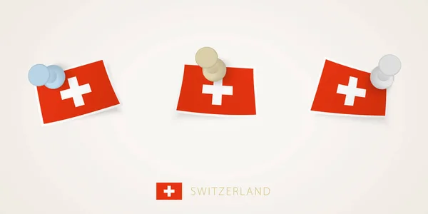 Przypięta Flaga Szwajcarii Różnych Kształtach Skręconymi Rogami Widok Góry Popychaczy — Wektor stockowy