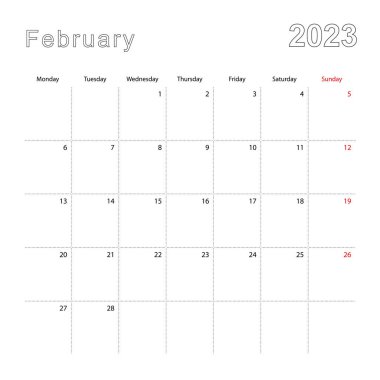 Şubat 2023 için noktalı çizgileri olan basit bir duvar takvimi. Takvim İngilizce, haftaya Pazartesi başlıyor..