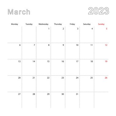 Mart 2023 için noktalı çizgileri olan basit bir takvim. Takvim İngilizce, haftaya Pazartesi başlıyor..