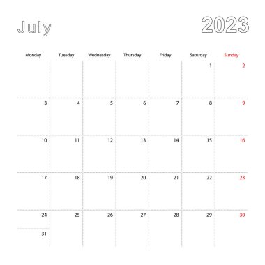 Temmuz 2023 için noktalı çizgileri olan basit bir takvim. Takvim İngilizce, haftaya Pazartesi başlıyor..