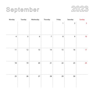 Eylül 2023 için noktalı çizgileri olan basit bir duvar takvimi. Takvim İngilizce, haftaya Pazartesi başlıyor..