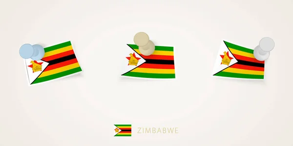 Pinned Flag Zimbabwe Different Shapes Twisted Corners Vector Pushpins Top — Stock Vector