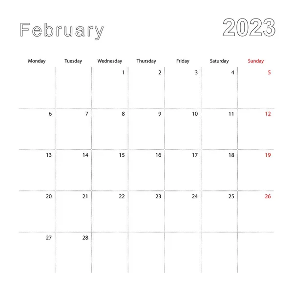 Simple Wall Calendar February 2023 Dotted Lines Calendar English Week — Stock Vector