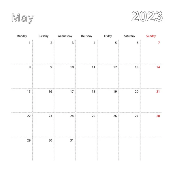 Einfacher Wandkalender Für Mai 2023 Mit Gestrichelten Linien Der Kalender — Stockvektor