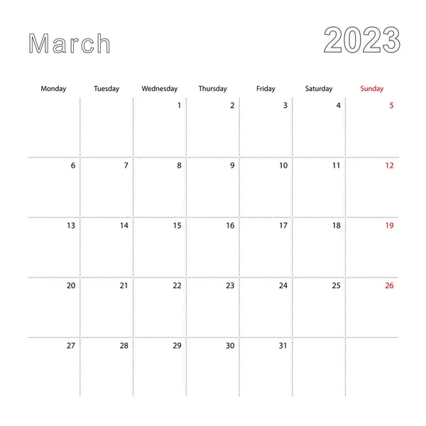 Calendário Parede Simples Para Março 2023 Com Linhas Pontilhadas Calendário — Vetor de Stock