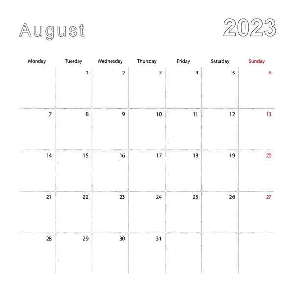 简单的2023年8月挂满虚线的挂历 日历是用英语写的 星期从星期一开始 — 图库矢量图片