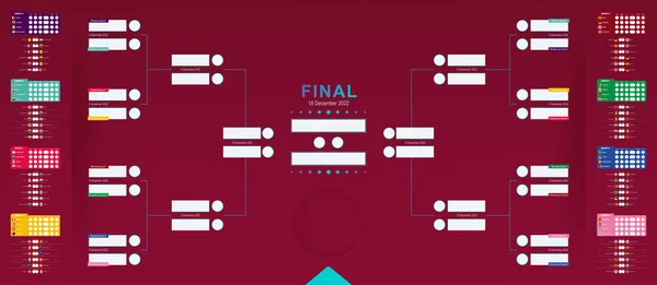 Světový Program Zápasů 2022 Tabulka Výsledků Fotbalu Vlajkami Účastníků Držák — Stockový vektor