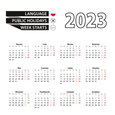 Polonya dilinde 2023 takvim, hafta pazartesi başlıyor..
