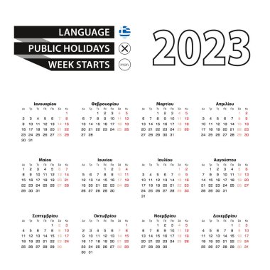 Yunanca 2023 takvimi, hafta Pazartesi başlıyor.
