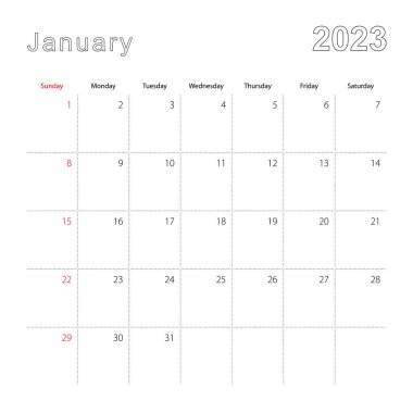 Ocak 2023 için noktalı çizgileri olan basit bir takvim. Takvim İngilizce, haftaya pazar günü başlıyor..