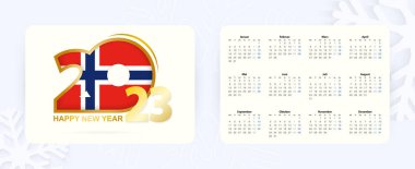 Norveççe 2023 yatay cep takvimi. Norveç bayrağıyla yeni yıl 2023 simgesi.