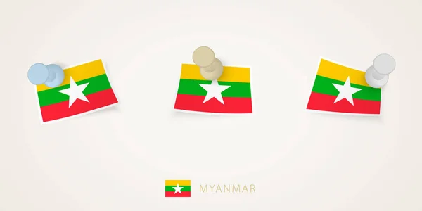 Myanmarská Vlajka Různých Tvarech Pokřivenými Rohy Vrchní Pohled Vektorové Pushpins — Stockový vektor
