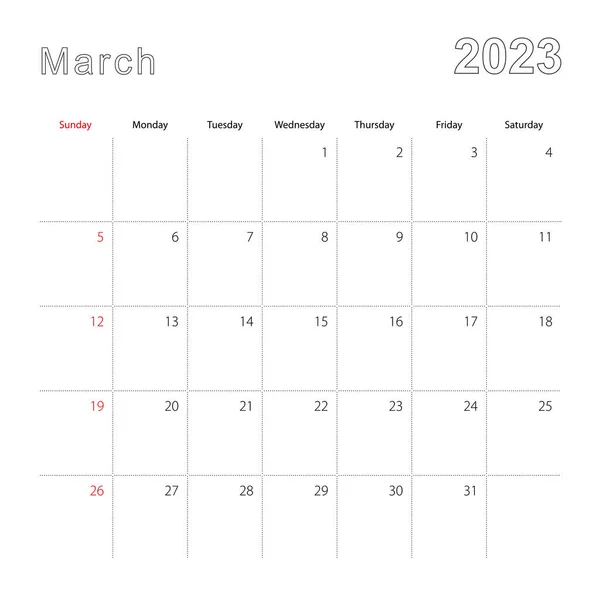 Calendario Pared Simple Para Marzo 2023 Con Líneas Puntos Calendario — Archivo Imágenes Vectoriales