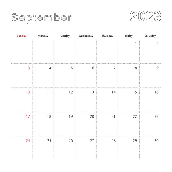 Calendario Pared Simple Para Septiembre 2023 Con Líneas Puntos Calendario — Vector de stock