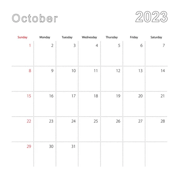 Simple Wall Calendar October 2023 Dotted Lines Calendar English Week — Stock Vector