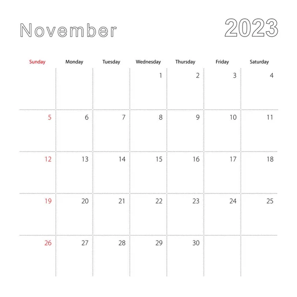 Calendário Parede Simples Para Novembro 2023 Com Linhas Pontilhadas Calendário — Vetor de Stock