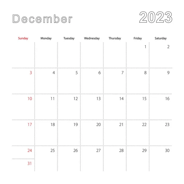Простий Календар Стіни Грудень 2023 Року Пунктирними Лініями Календар Англійською — стоковий вектор