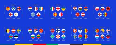 2024 Avrupa Futbol Turnuvası bayrakları gruba göre sıralanmıştır. Vektör illüstrasyonu.