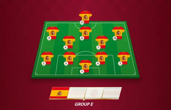 Voetbalveld Met Spanje Team Line Voor Europese Competitie — Stockvector
