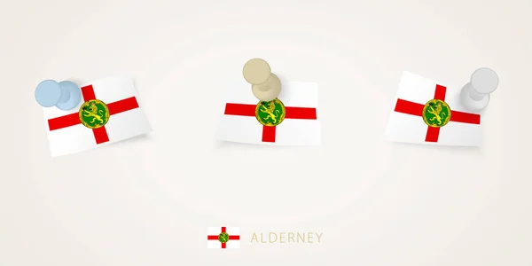 Drapeau Épinglé Aurigny Dans Différentes Formes Avec Des Coins Tordus — Image vectorielle