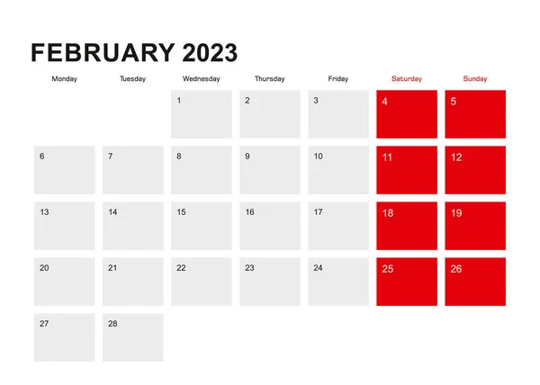 2023 Febrero Planificador Calendario Diseño Semana Comienza Lunes — Vector de stock