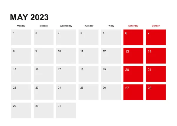 2023 Projeto Calendário Planejador Maio Semana Começa Partir Segunda Feira —  Vetores de Stock