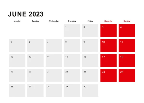 2023 Juni Planner Kalender Ontwerp Week Start Vanaf Maandag — Stockvector