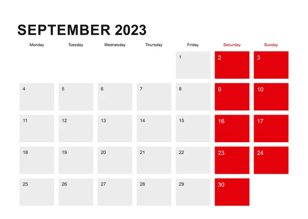 2023 Septiembre Planificador Calendario Diseño Semana Comienza Lunes — Vector de stock