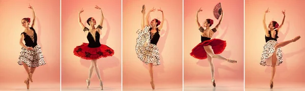 Koláž portrétů jedné baletky, baletky ve španělském kostýmu, tanec izolovaný na pestrobarevném pozadí v neonovém světle. — Stock fotografie