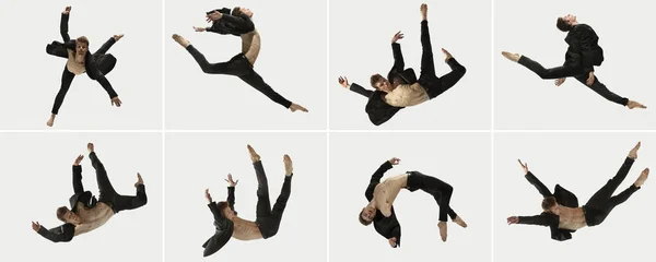 Känslornas dans. Fantastisk föreställning av en flexibel manlig balettdansare som övar isolerad på vit bakgrund. Kollage — Stockfoto