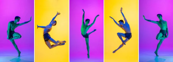 感情のダンス。黄色と紫を基調に孤立した柔軟な男性バレエダンサーの驚くべきパフォーマンス. — ストック写真