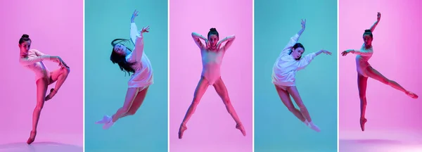 Collage. Gracieuze bewegingen van een prachtige ballerina dansen geïsoleerd op blauwe achtergrond in neon licht. Concept van kunst, theater, schoonheid en creativiteit — Stockfoto