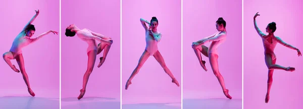 Collage. Ontwikkeling van bewegingen van een prachtige ballerina dansen geïsoleerd op roze achtergrond in neon licht. Concept van kunst, theater, schoonheid en creativiteit — Stockfoto